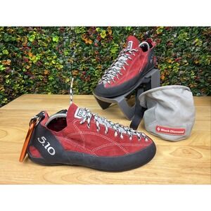 Five Ten 5.10 Stealth C4 Climbing Shoes Men 11 Wo's 12.5 Red Suede + Chalk Bag